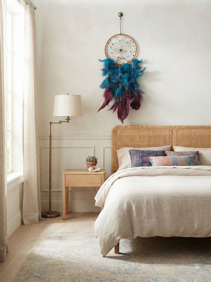 Boho Peacock & Plum Feather Dreamcatcher