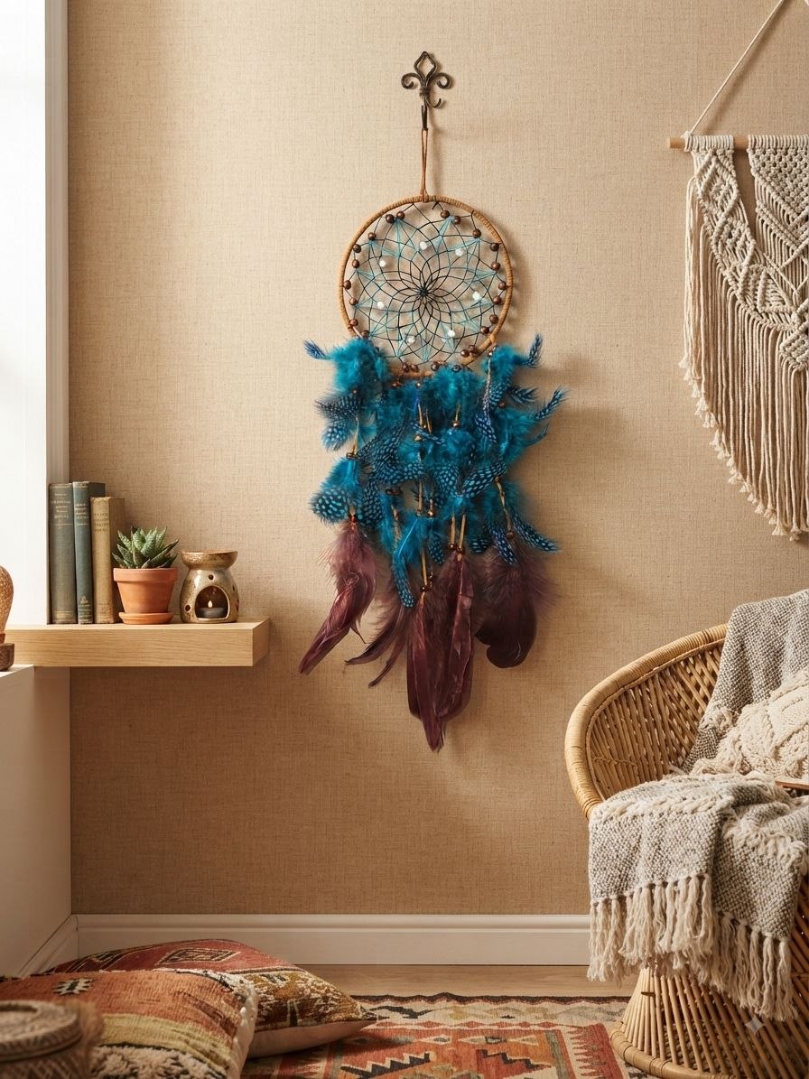 Boho Peacock & Plum Feather Dreamcatcher