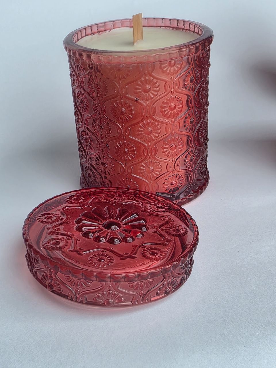 Vintage Red Embossed Glass Candle